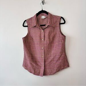 Gap-Gold & Pink Plaid 100% Silk Button Front Blouse (Size:Medium)